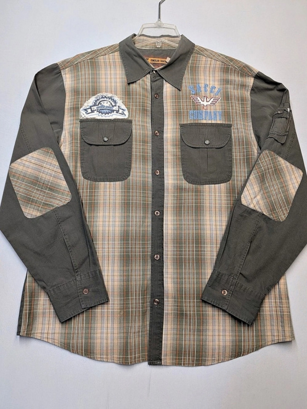 Vtg Y2K Emilio Sacci "Times Of Conflict" Patchwork Utility Plaid Shirt Men's 2XL